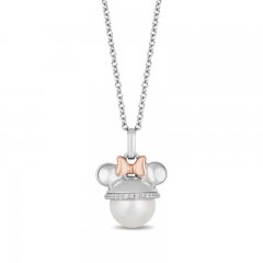 Disney Treasures Minnie Mouse Cultured Pearl & Diamond Necklace 1/10 ct tw Round-Cut Sterling Silver/10K Rose Gold 17"