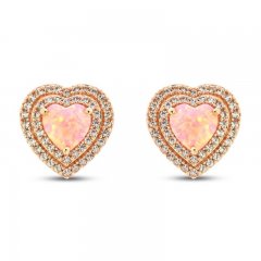 Pink Lab-Created Opal & White Lab-Created Sapphire Heart Earrings 10K Rose Gold