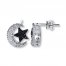 Moon & Star Earrings Black/White Diamonds Sterling Silver