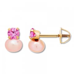 Child's Cultured Pearl Earrings Pink CZ 14K Yellow Gold