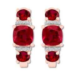 Lab-Created Ruby Hoop Earrings 1/20 cttw Diamonds 10K Rose Gold