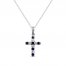 Blue Sapphire & Diamond Cross Necklace 1/6 ct tw Round-Cut 10K White Gold 18"