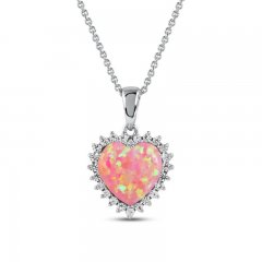 Pink Lab-Created Opal & White Lab-Created Sapphire Heart Necklace Sterling Silver 18"