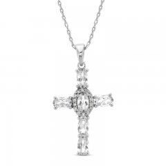 White Lab-Created Sapphire Cross Necklace Sterling Silver 18"