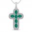 Lab-Created Emerald & White Lab-Created Sapphire Cross Necklace Sterling Silver 18"