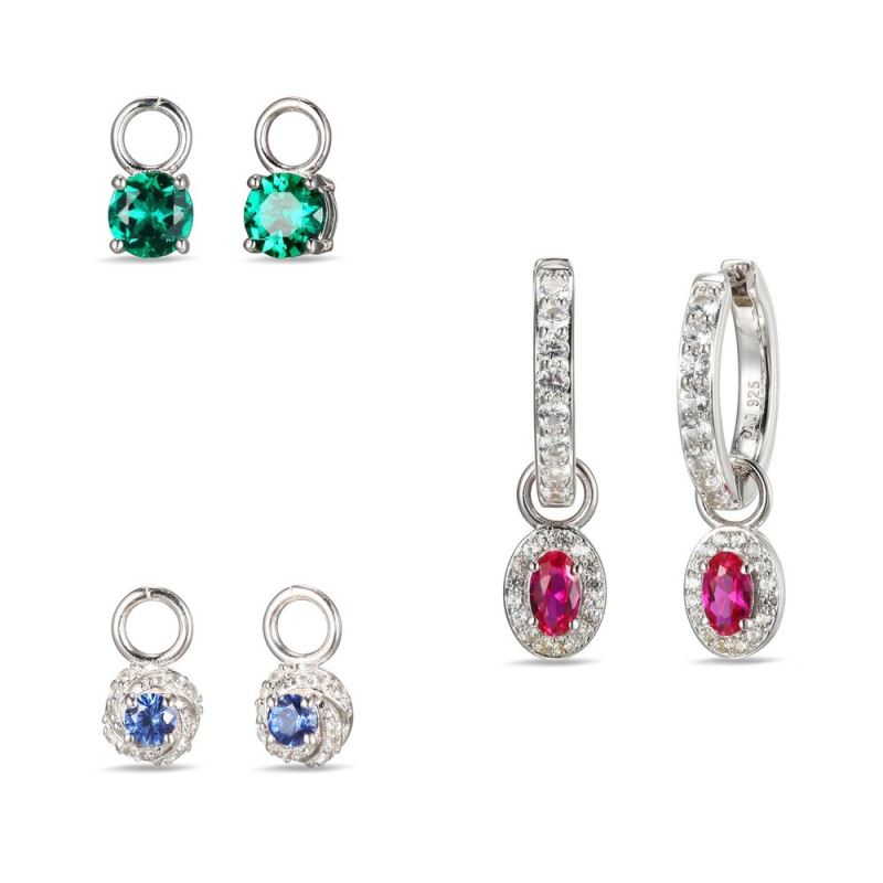 Lab-Created Emerald, Lab-Created Ruby, Blue & White Lab-Created Sapphire Huggie Earrings Set Sterling Silver