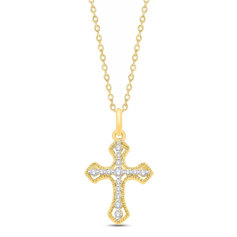 Diamond Cross Necklace 1/10 ct tw Round-cut 10K Yellow Gold 18 ...