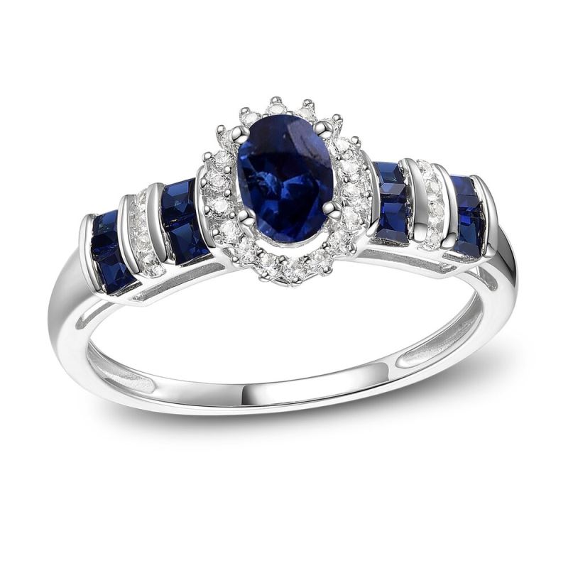 Blue Sapphire Ring 1/10 ct tw Diamonds 10K White Gold